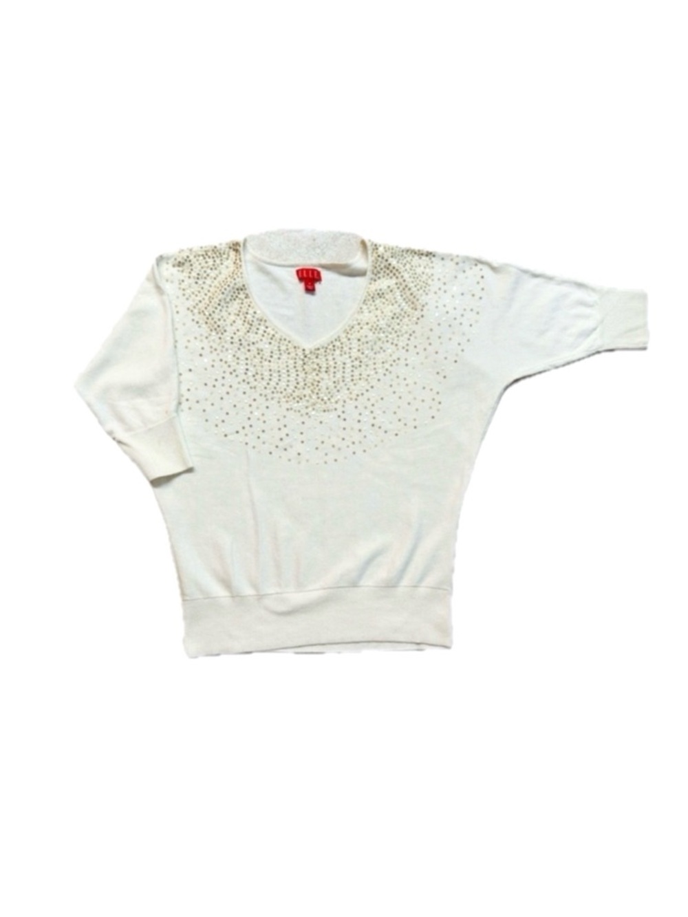 #101 ELLE ~ Ivory 3/4 Sleeve V-Neck Sweater Gold Sequined Details Loose Fit